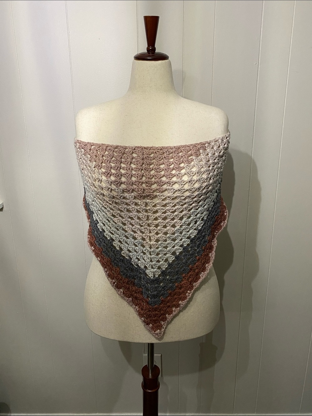 Handmade Gradient Triangle Crochet Shawl in Blush, Gray & Brown